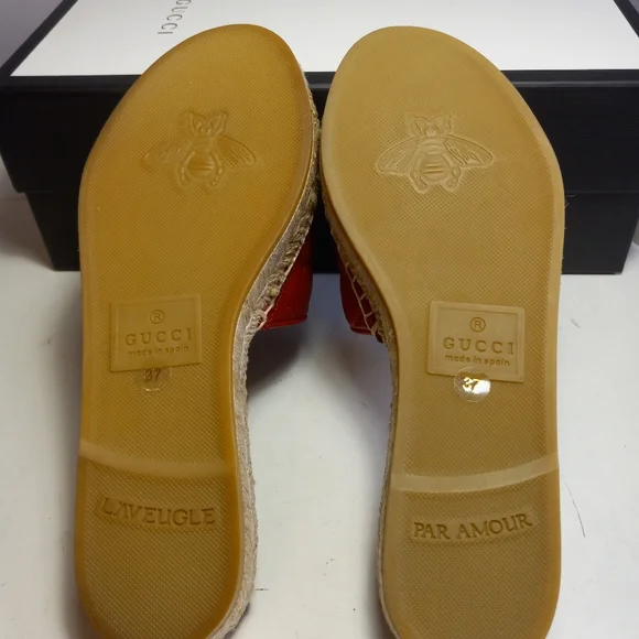 NEW GUCCI GG MARMONT MATELASSE LEATHER ESPADRILLE SANDALS RED/GOLD SZ 37 - Picture 7 of 16
